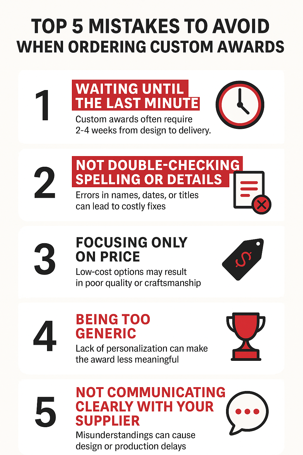 Top 5 Mistakes to Avoid When Ordering Custom Awards